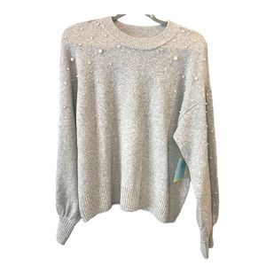 Cece NWT Grey Crew Neck Pearl Accent Puff Sleeve Sweater Size Large